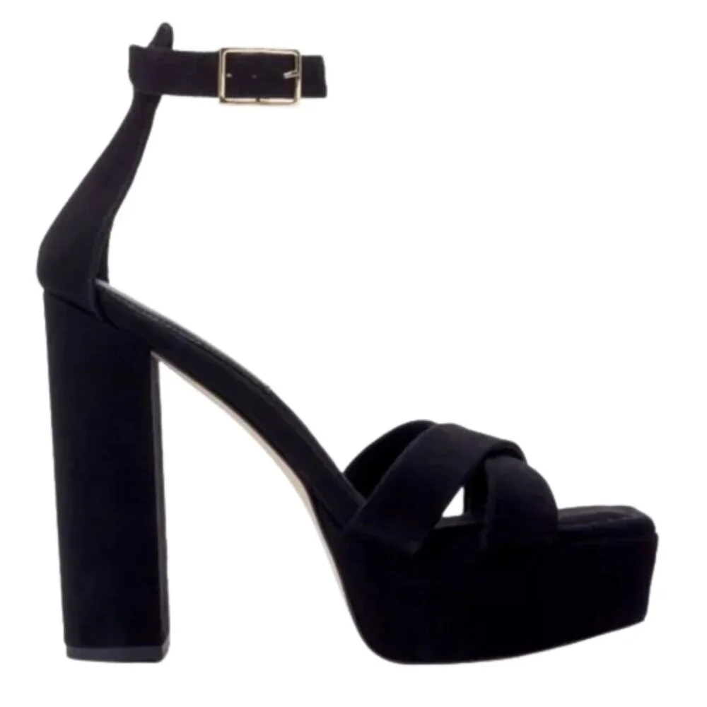 Good American Square Toe Chunky Heel Strappy Platform in Black Suede